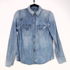 Madewell Denim Shirt Snap Button Up Womens XS Faded Blue Front Pockets Western